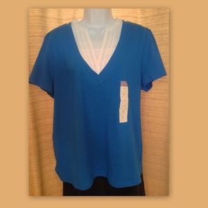 LAURA SCOTT Size XL Royal Blue White Lace V-Neck Layered Look Jersey Top NWT
